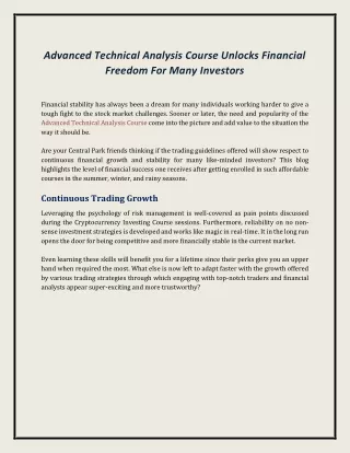 Advanced Technical Analysis Course Unlocks Financial Freedom For Many Investors