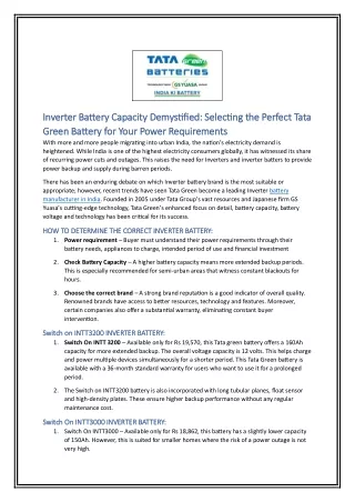 Inverter Battery Capacity Demystified Selecting the Perfect Tata Green Battery for Your Power Requirements