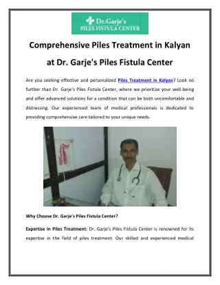 Comprehensive Piles Treatment in Kalyan at Dr. Garje's Piles Fistula Center