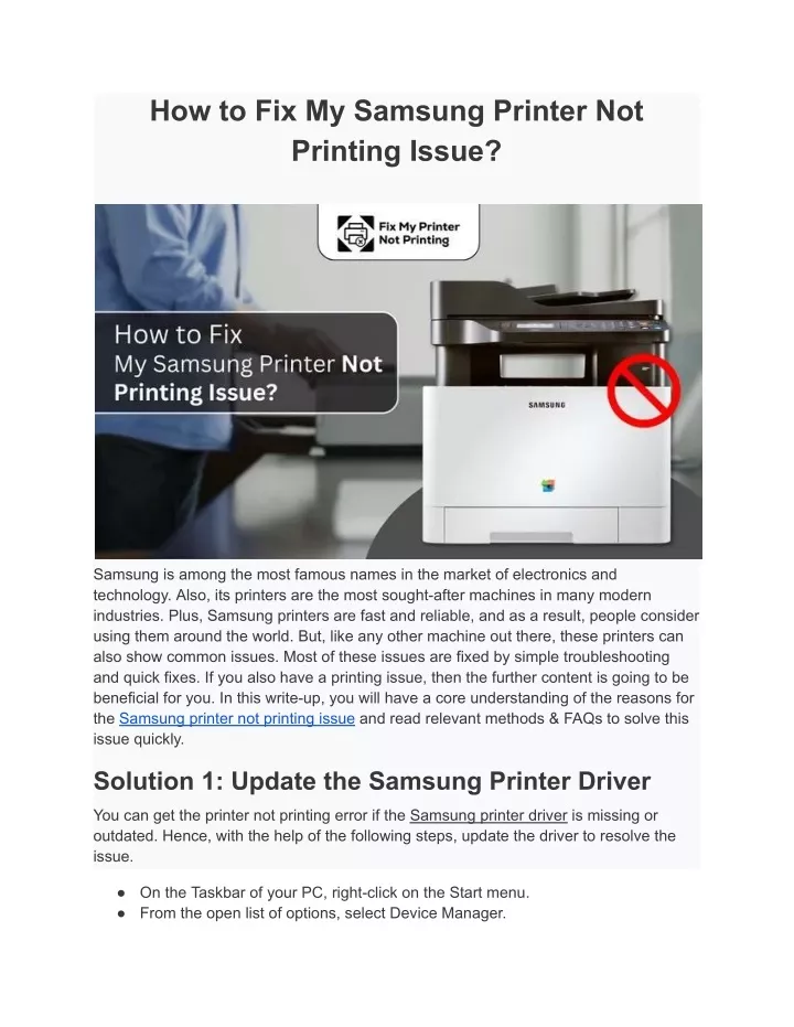 how to fix my samsung printer not printing issue
