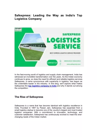 Safexpress: Leading the Way as India's Top Logistics Company