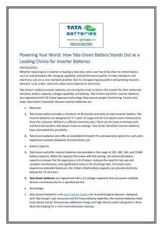 Powering Your World How Tata Green Battery Stands Out as a Leading Choice for Inverter Batteries