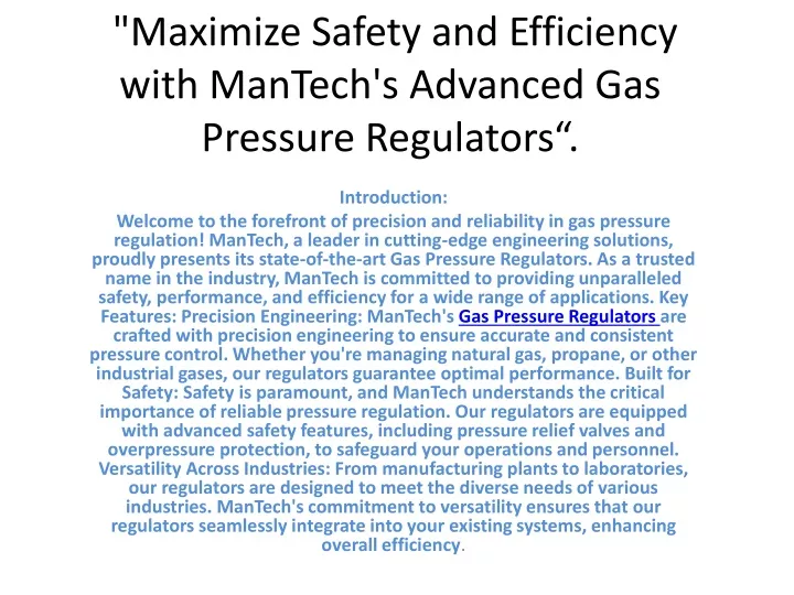 maximize safety and efficiency with mantech s advanced gas pressure regulators