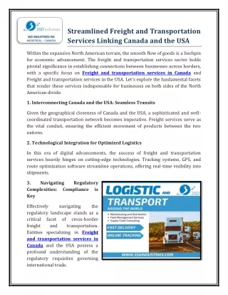 Streamlined Freight and Transportation Services Linking Canada and the USA