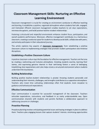 Classroom Management Skills Nurturing an Effective Learning Environment