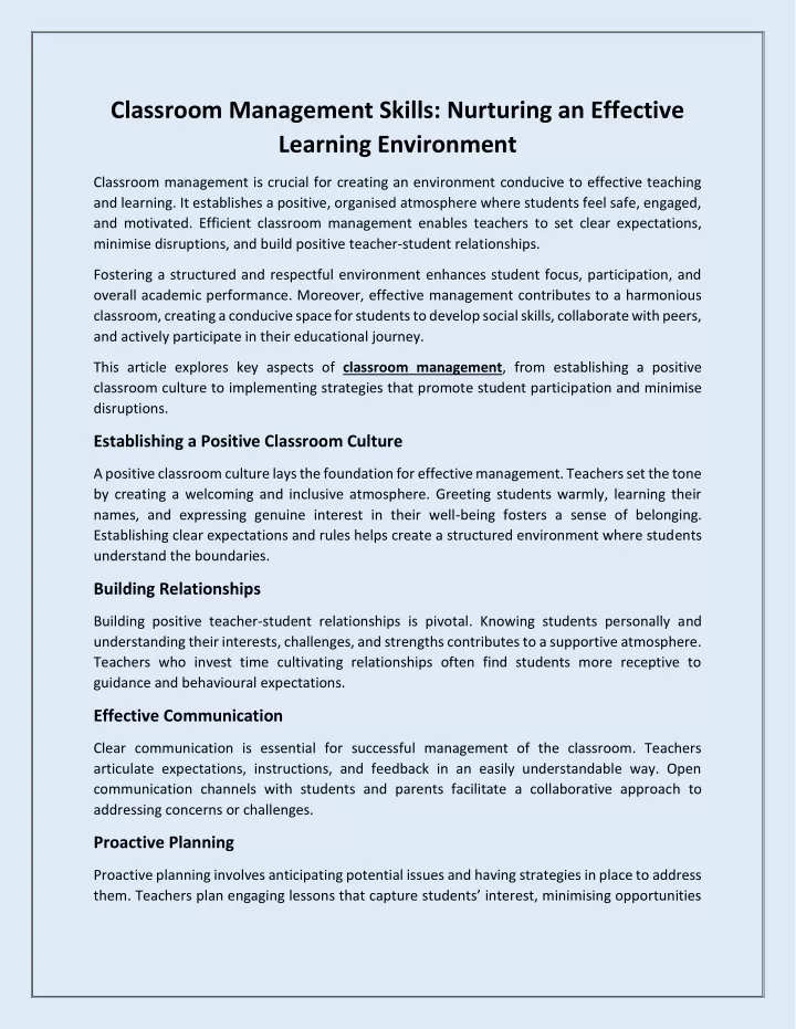 classroom management skills nurturing