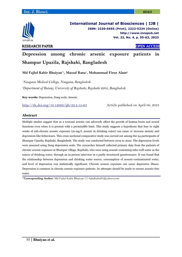 Depression among chronic arsenic exposure patients in Shampur Upazila, Rajshahi