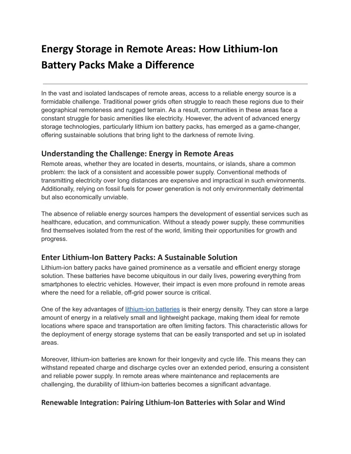 energy storage in remote areas how lithium