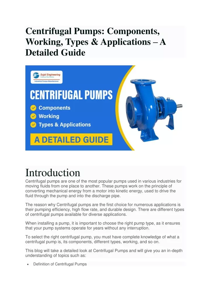 centrifugal pumps components working types
