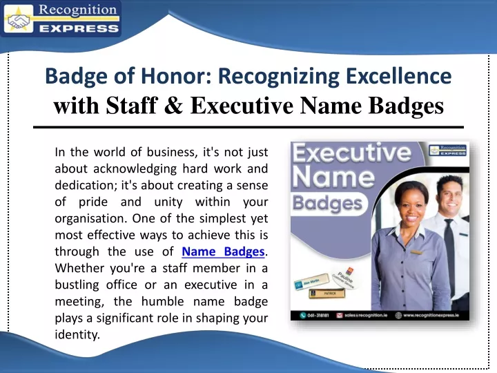 badge of honor recognizing excellence with staff executive name badges