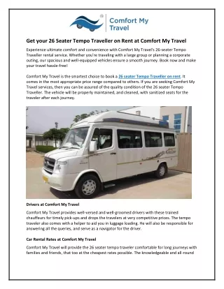 Get your 26 Seater Tempo Traveller on Rent at Comfort My Travel