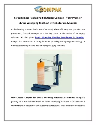 Streamlining Packaging Solutions Compak - Your Premier Shrink Wrapping Machine Distributors in Mumbai