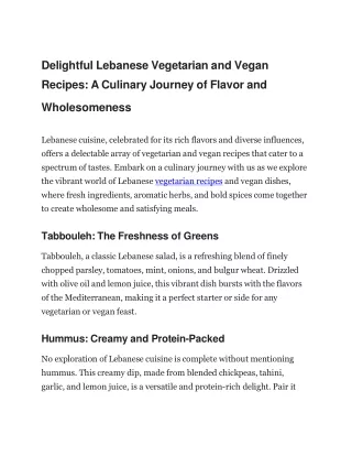 Delightful Lebanese Vegetarian and Vegan Recipes, A Culinary Journey of Flavor and Wholesomeness