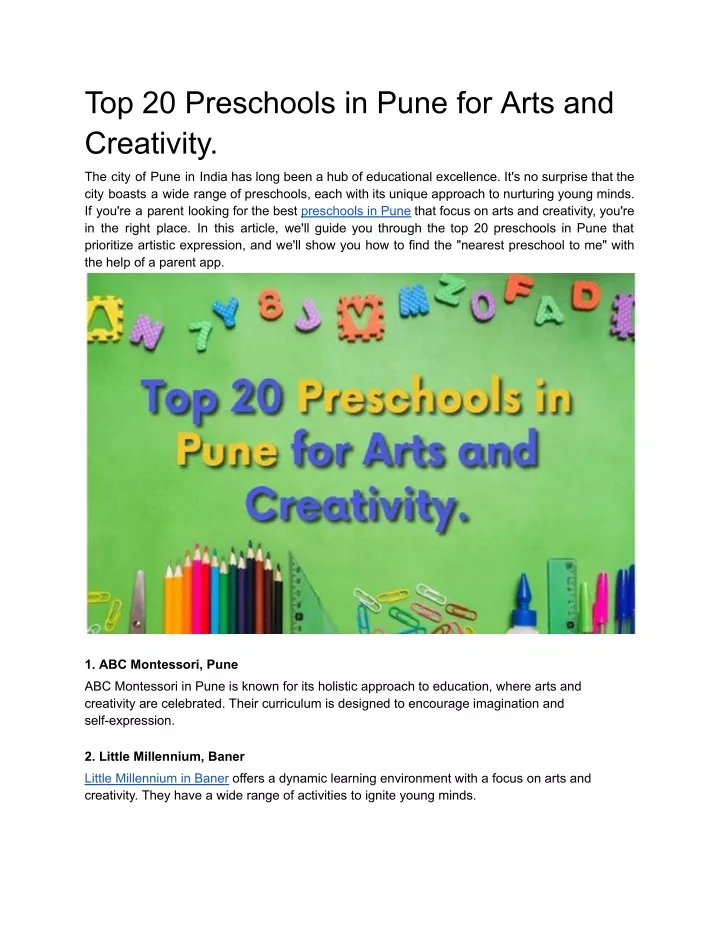 top 20 preschools in pune for arts and creativity