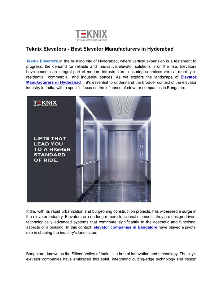 teknix elevators best elevator manufacturers
