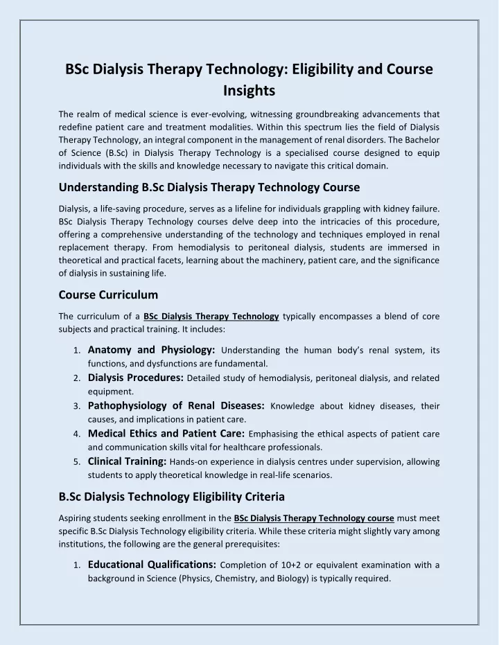 bsc dialysis therapy technology eligibility