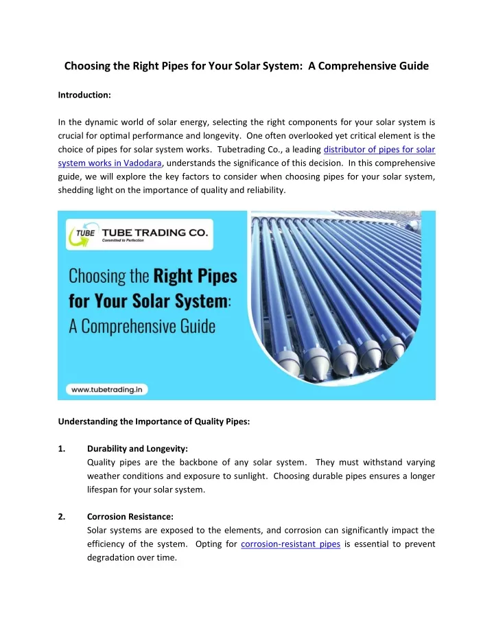 choosing the right pipes for your solar system