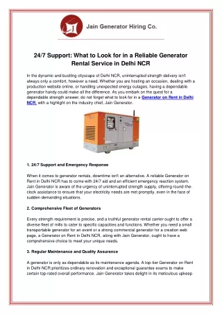 24-7 Support  What to Look for in a Reliable Generator Rental Service in Delhi NCR