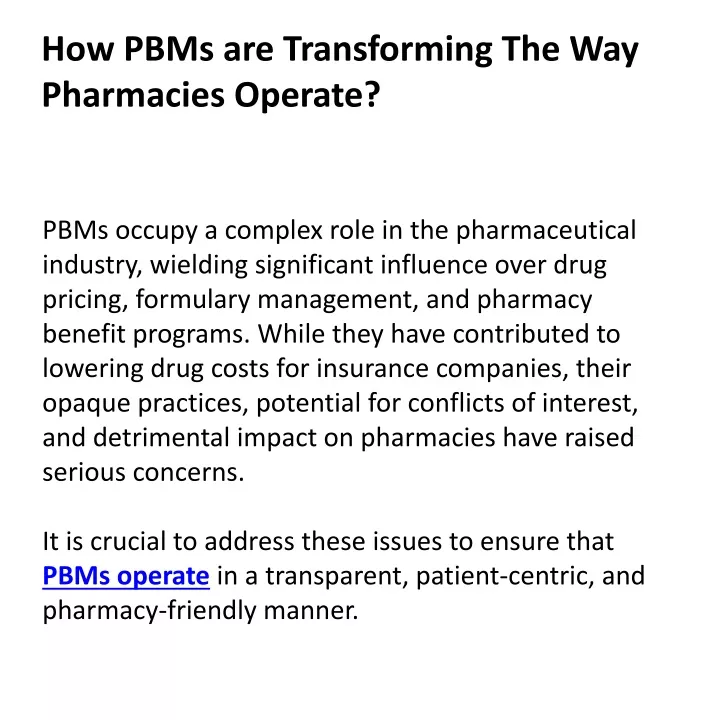 how pbms are transforming the way pharmacies