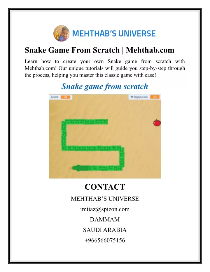 snake game from scratch mehthab com