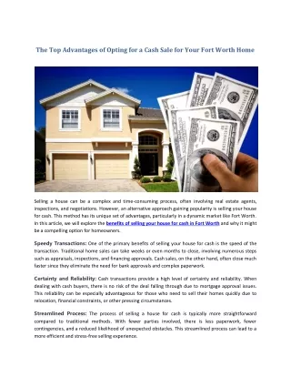 The Top Advantages of Opting for a Cash Sale for Your Fort Worth Home