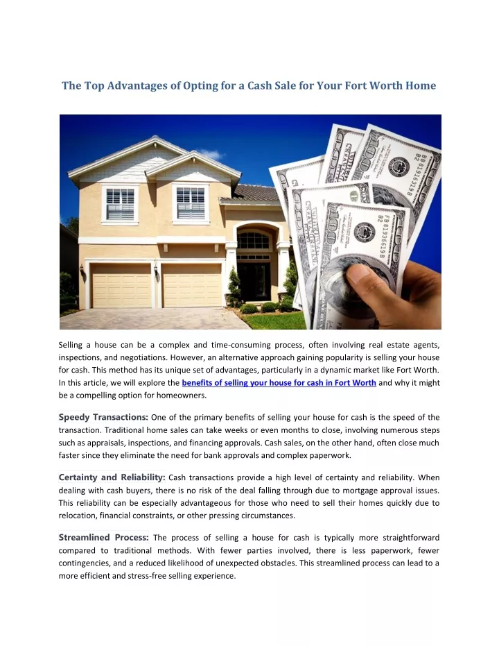 the top advantages of opting for a cash sale