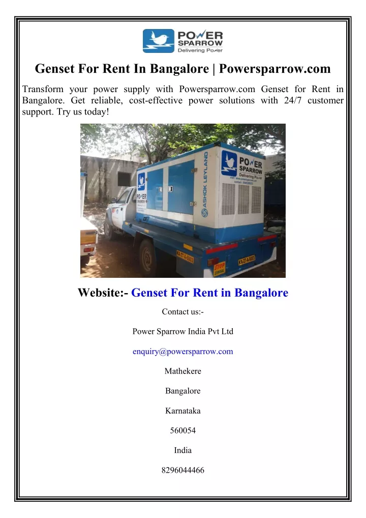 genset for rent in bangalore powersparrow com