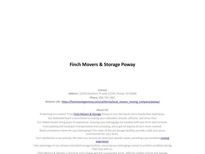 finch movers storage poway