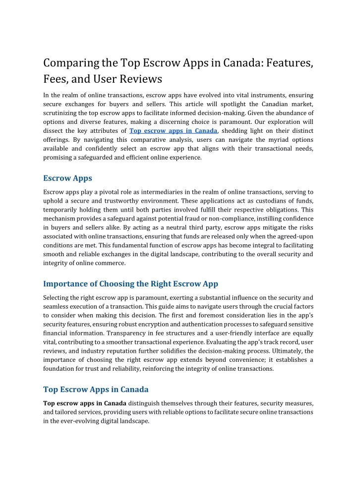 comparing the top escrow apps in canada features