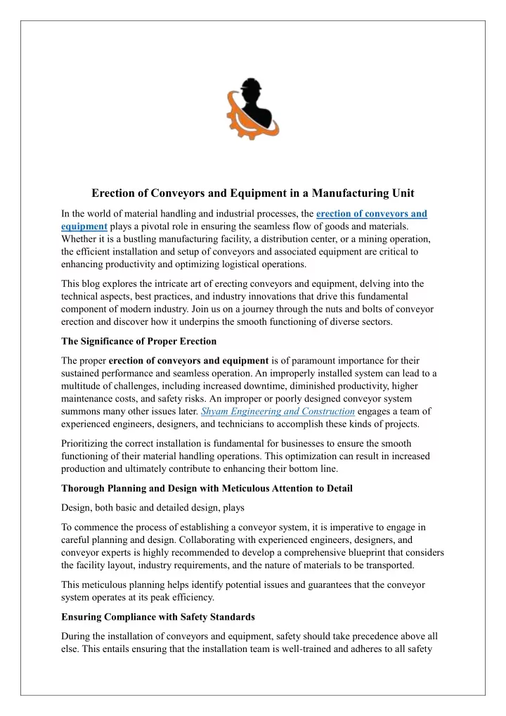 erection of conveyors and equipment