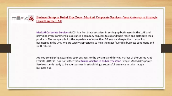 business setup in dubai free zone mark