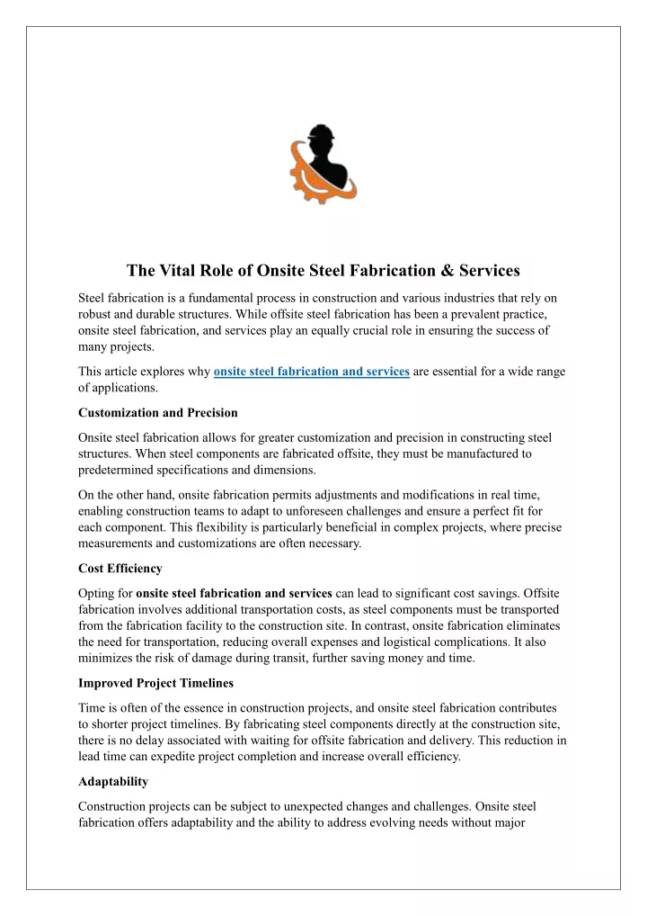 the vital role of onsite steel fabrication