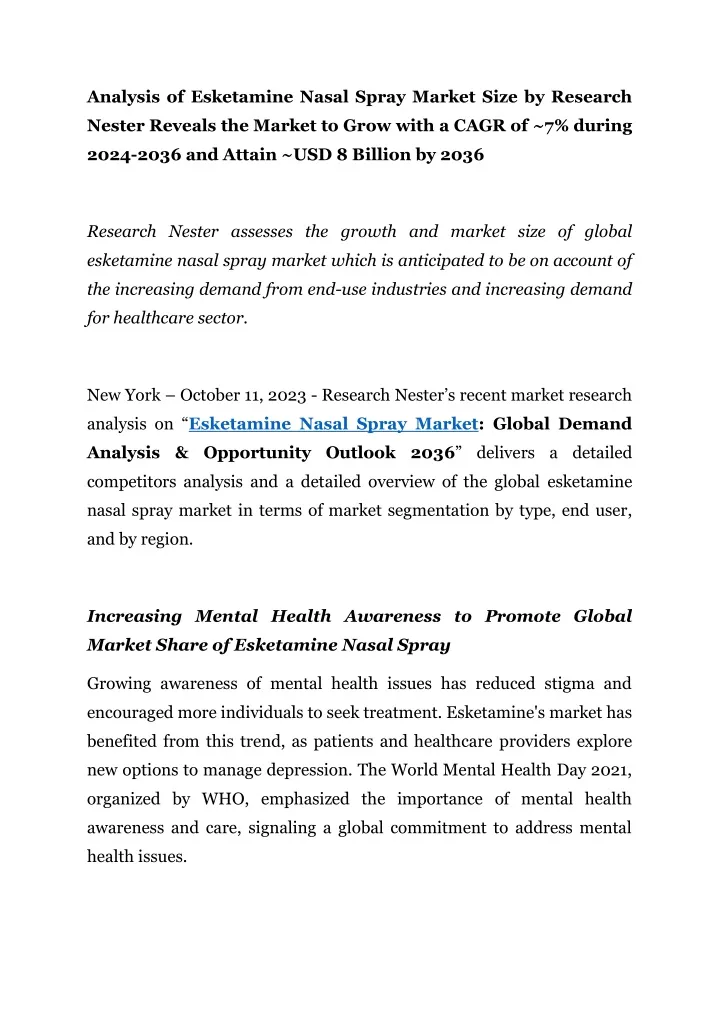 analysis of esketamine nasal spray market size