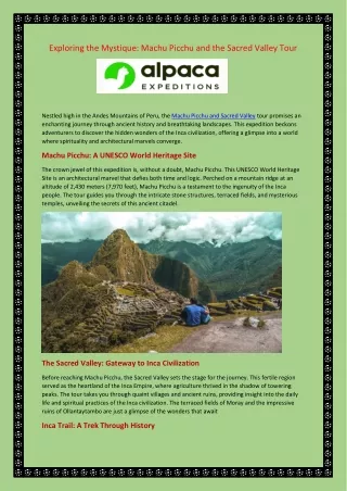 Machu Picchu Sacred Valley Tour with Alpaca Expeditions