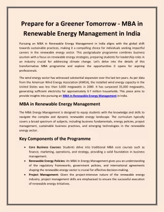 Prepare for a Greener Tomorrow - MBA in Renewable Energy Management in India