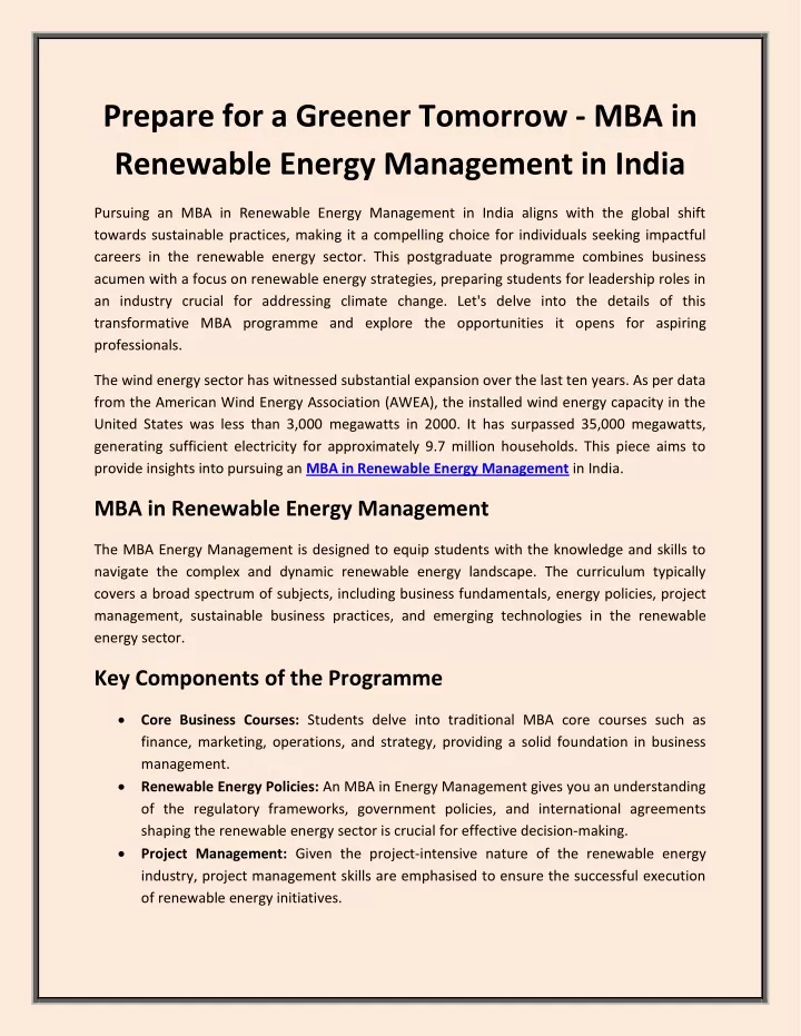 prepare for a greener tomorrow mba in renewable