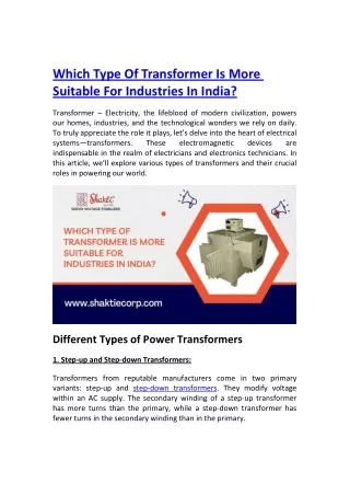 Which Type Of Transformer Is More Suitable For Industries In India