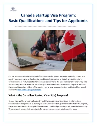 Canada Startup Visa Program - Basic Qualifications And Tips for Applicants