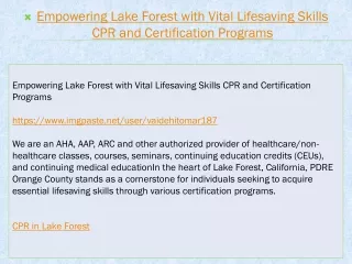 Empowering Lake Forest with Vital Lifesaving Skills CPR and Certification Progr