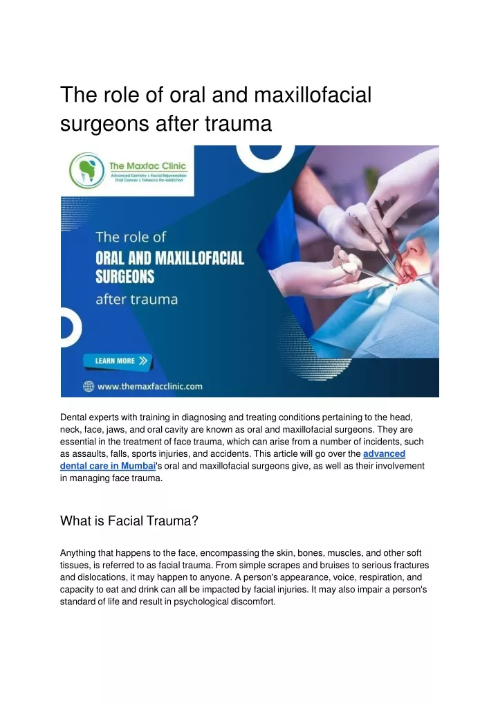 the role of oral and maxillofacial surgeons after trauma