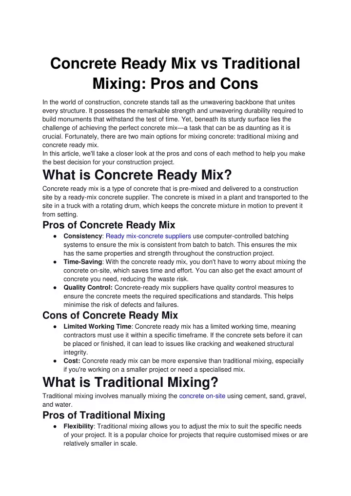 concrete ready mix vs traditional mixing pros