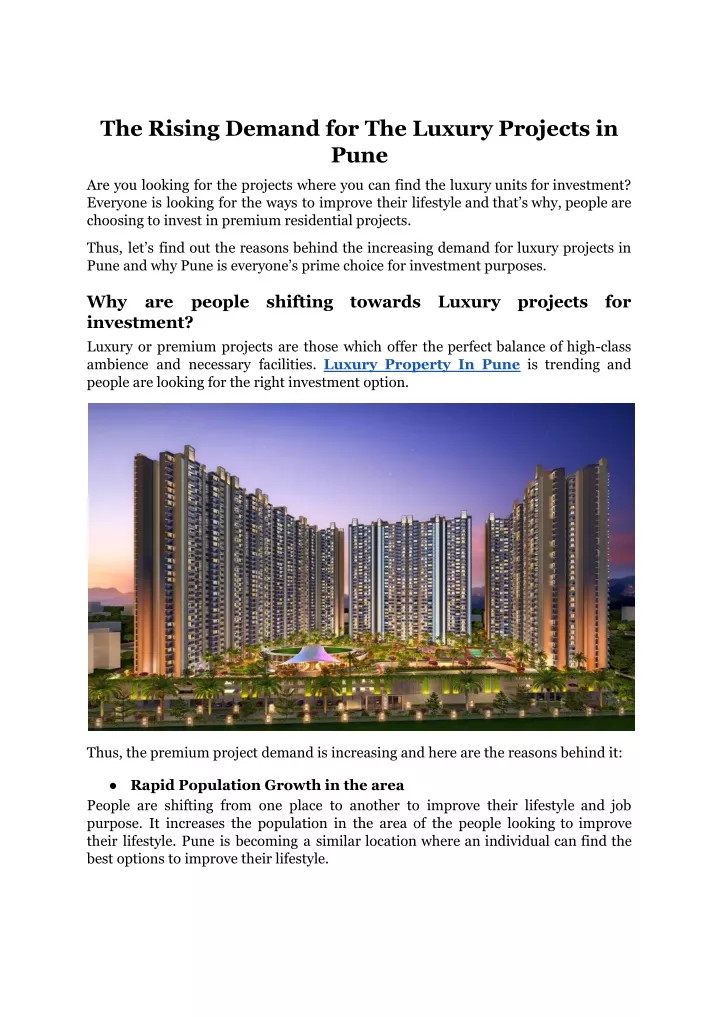 the rising demand for the luxury projects in pune