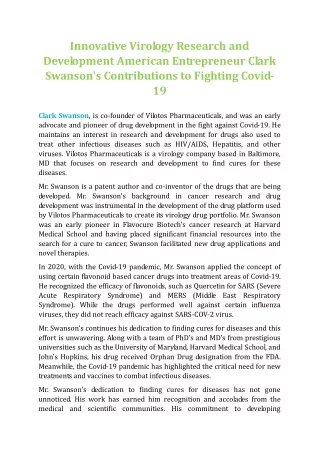 Innovative Virology Research and Development: American Entrepreneur Clark Swanson's Contributions to Fighting Covid-19