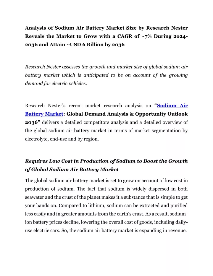 analysis of sodium air battery market size