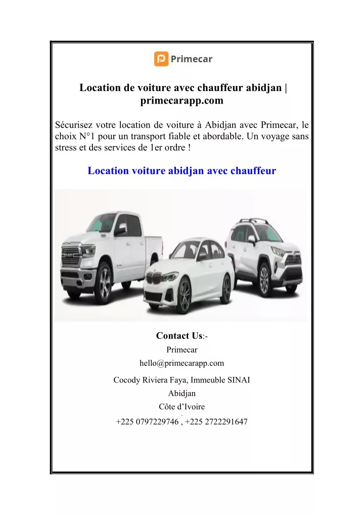 location de voiture avec chauffeur abidjan