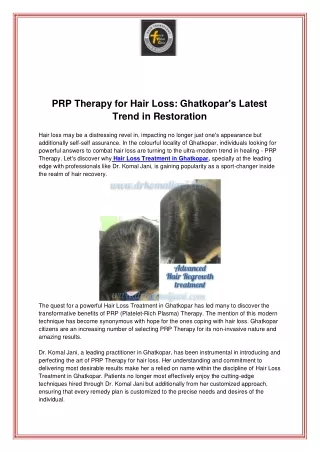 PRP Therapy for Hair Loss  Ghatkopars Latest Trend in Restoration