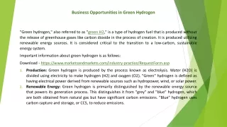 Business Opportunities in Green Hydrogen