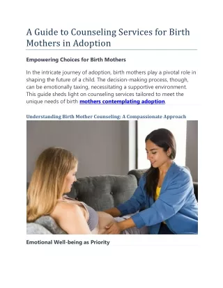 A Guide to Counseling Services for Birth Mothers in Adoption