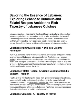 Savoring the Essence of Lebanons Exploring Lebanese Hummus and Falafel Recipes Amidst the Rich Tapestry of Lebanese Cuis