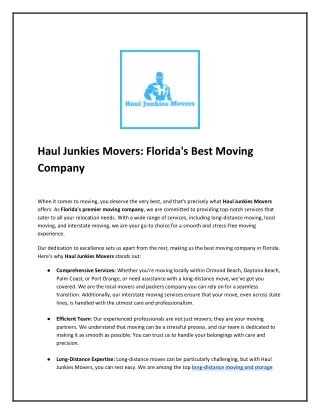 Haul Junkies Movers the  Florida's Best Moving Company